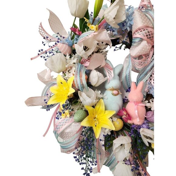 Spring Easter Wreath With Bunny Decorations Pastel Flowers & Ribbons 28" Diamete - Picture 4 of 7